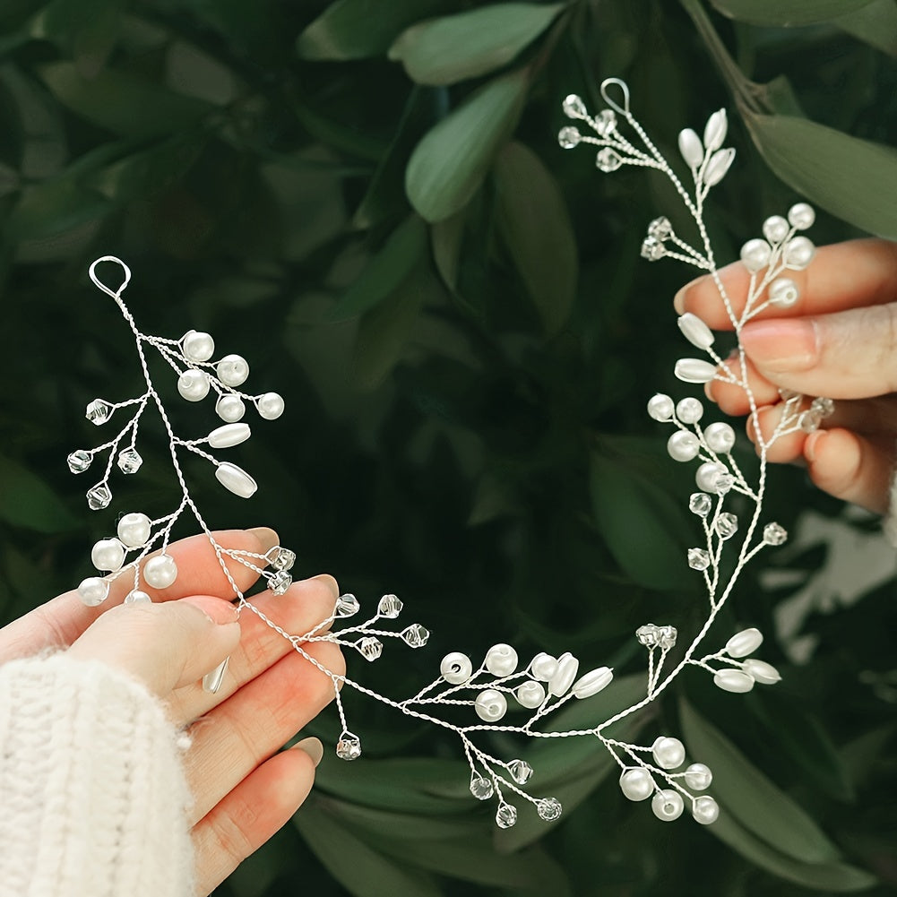 Silvery Flower & Leaf Wedding Hair Vine Pearl Headband