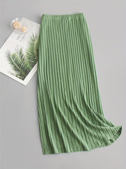 Women's Plus Solid Ribbed Elastic High Rise Slight Stretch Maxi Midi Skirt