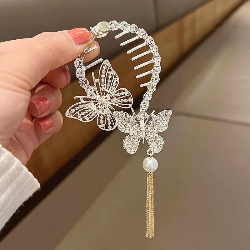 Golden Butterfly Tassel Hair Clip Rhinestones Bun Buckle Women Girls Party Decor
