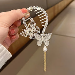 Golden Butterfly Tassel Hair Clip Rhinestones Bun Buckle Women Girls Party Decor