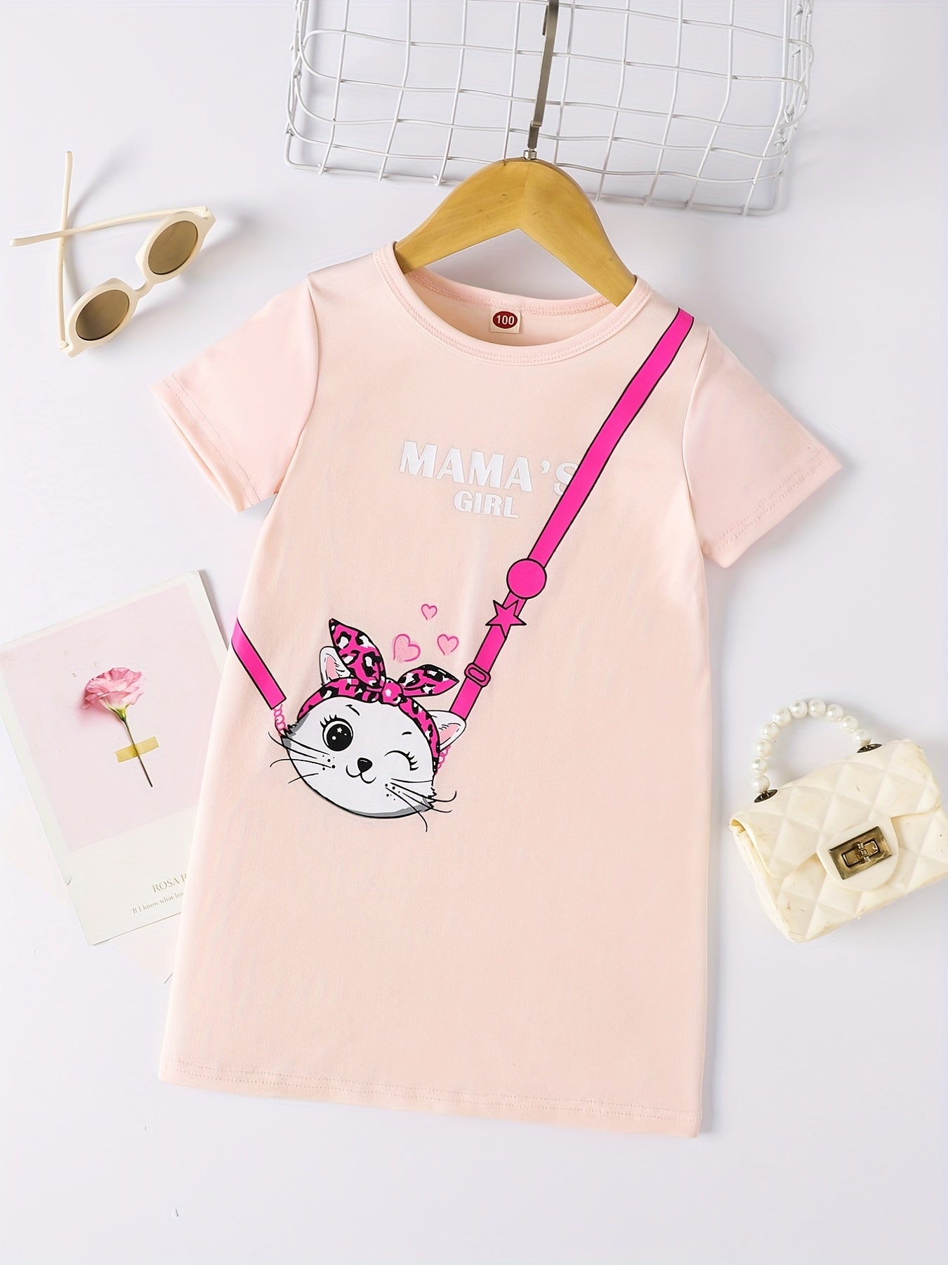 Toddler Girls Cat Messenger Bag Graphic Crew Neck Casual T shirt Dress