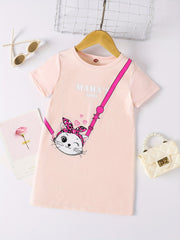 Toddler Girls Cat Messenger Bag Graphic Crew Neck Casual T shirt Dress