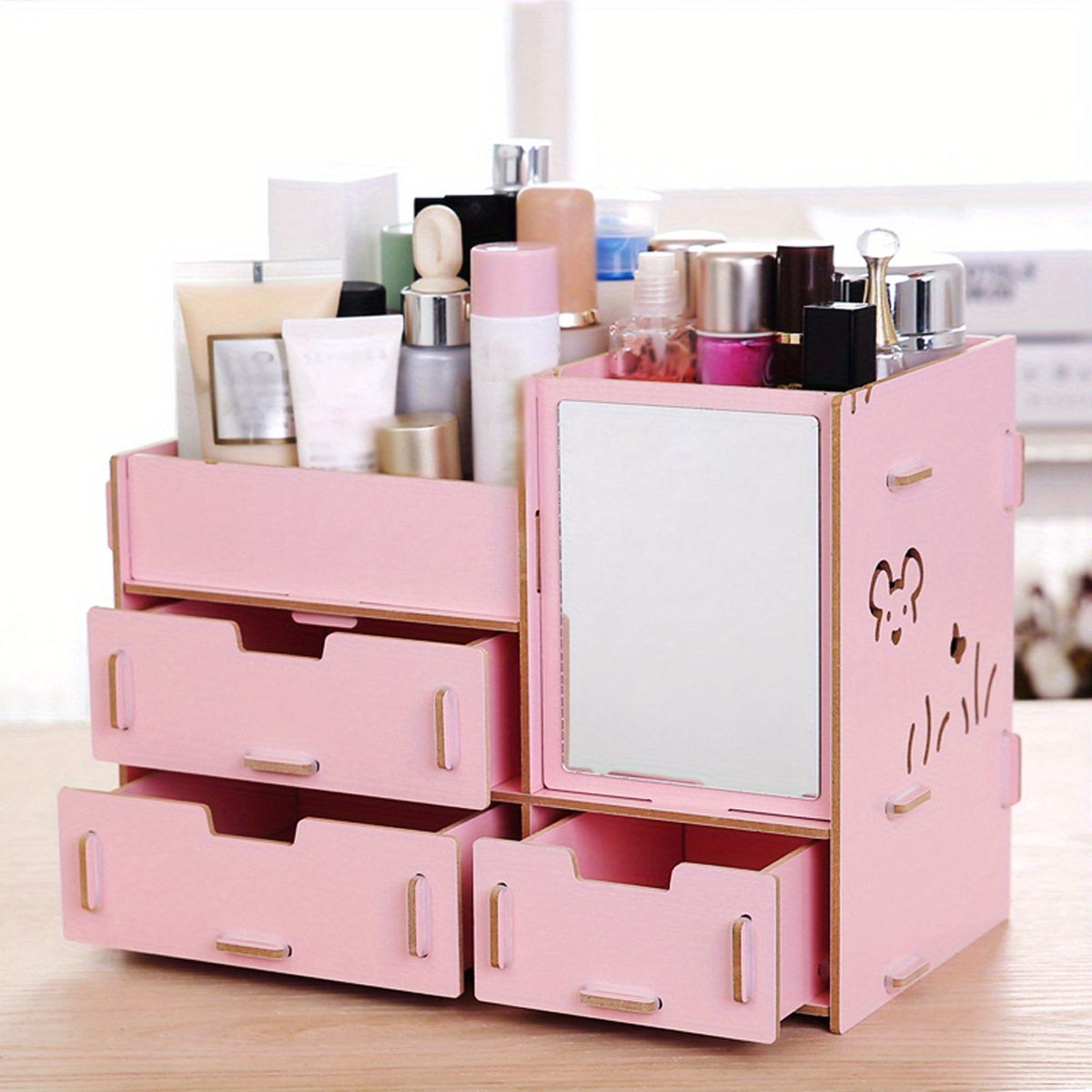 Wooden Storage Organizer With Mirror Desk Organizer