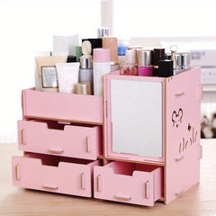 Wooden Storage Organizer With Mirror Desk Organizer