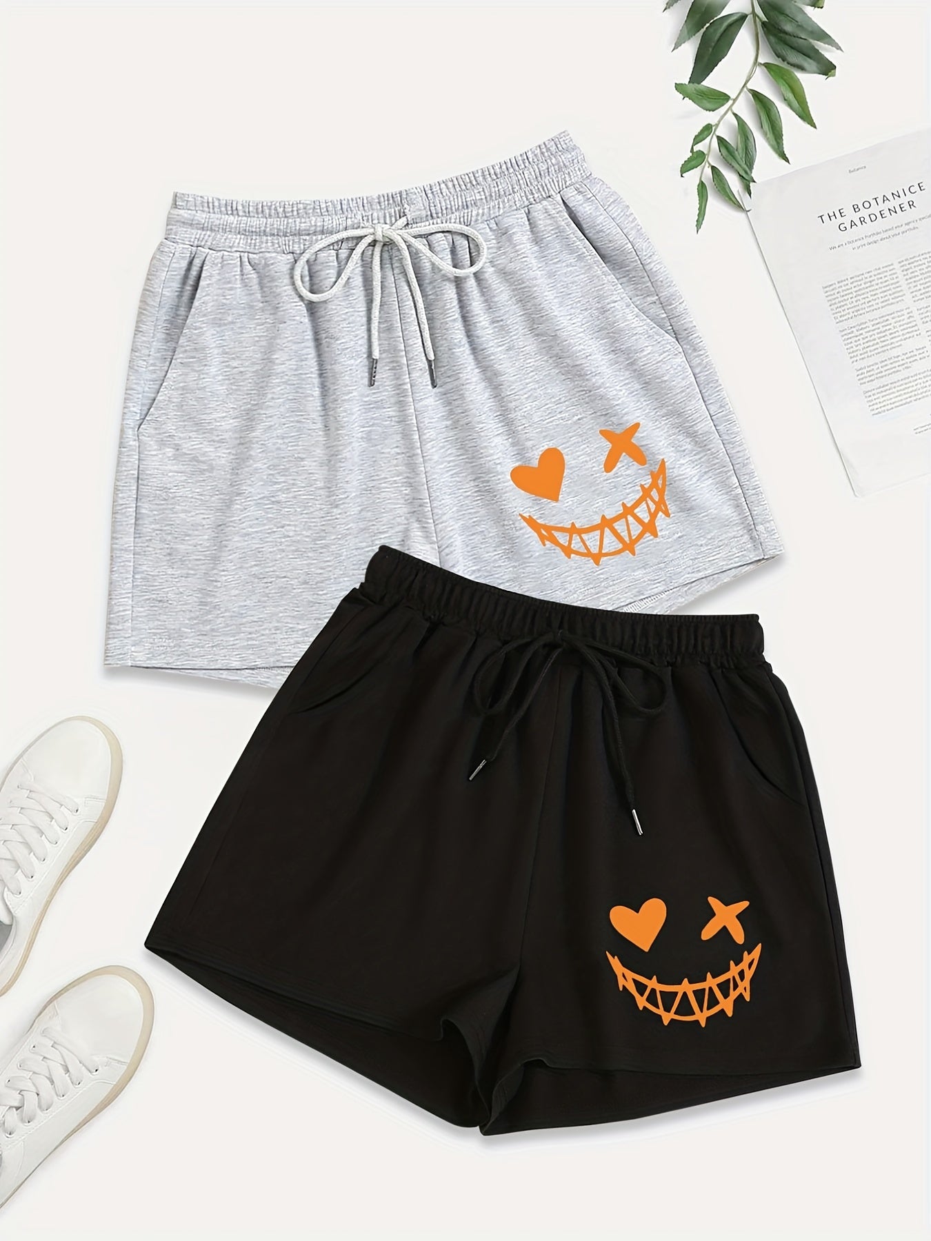 2 Pack Plus Size Sporty Shorts Set Women's Plus Funny Print Elastic Waist