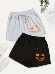 2 Pack Plus Size Sporty Shorts Set Women's Plus Funny Print Elastic Waist