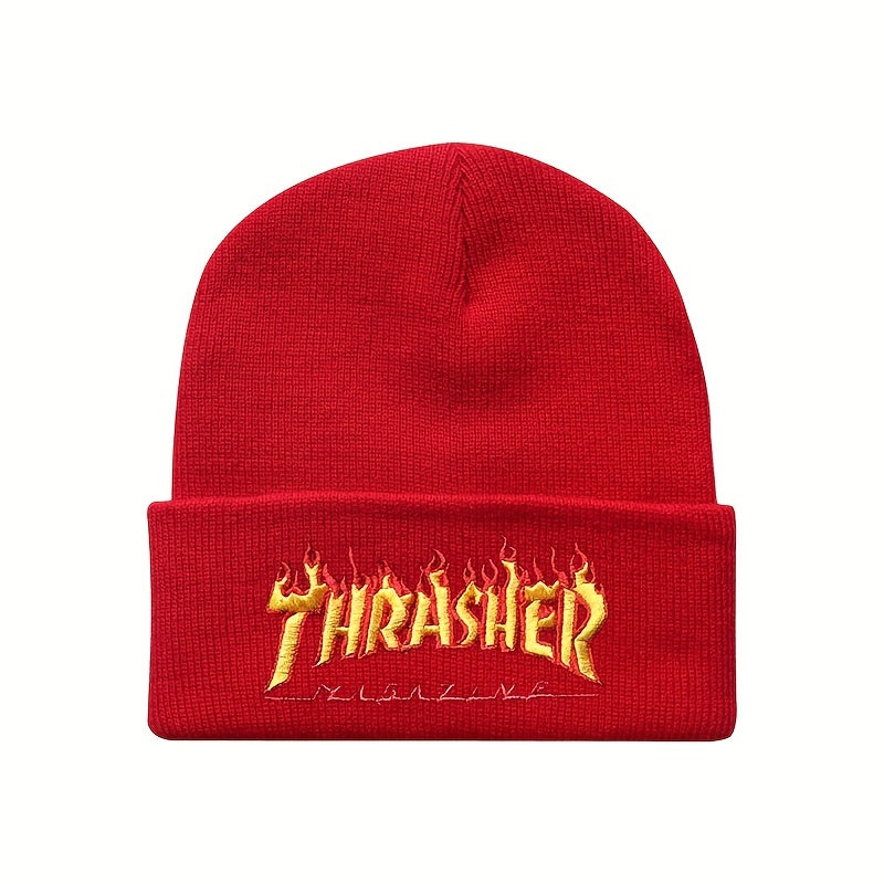 Flame Letter Embroidery Knitted Beanie Hat Winter Warmth Sports Elasticity