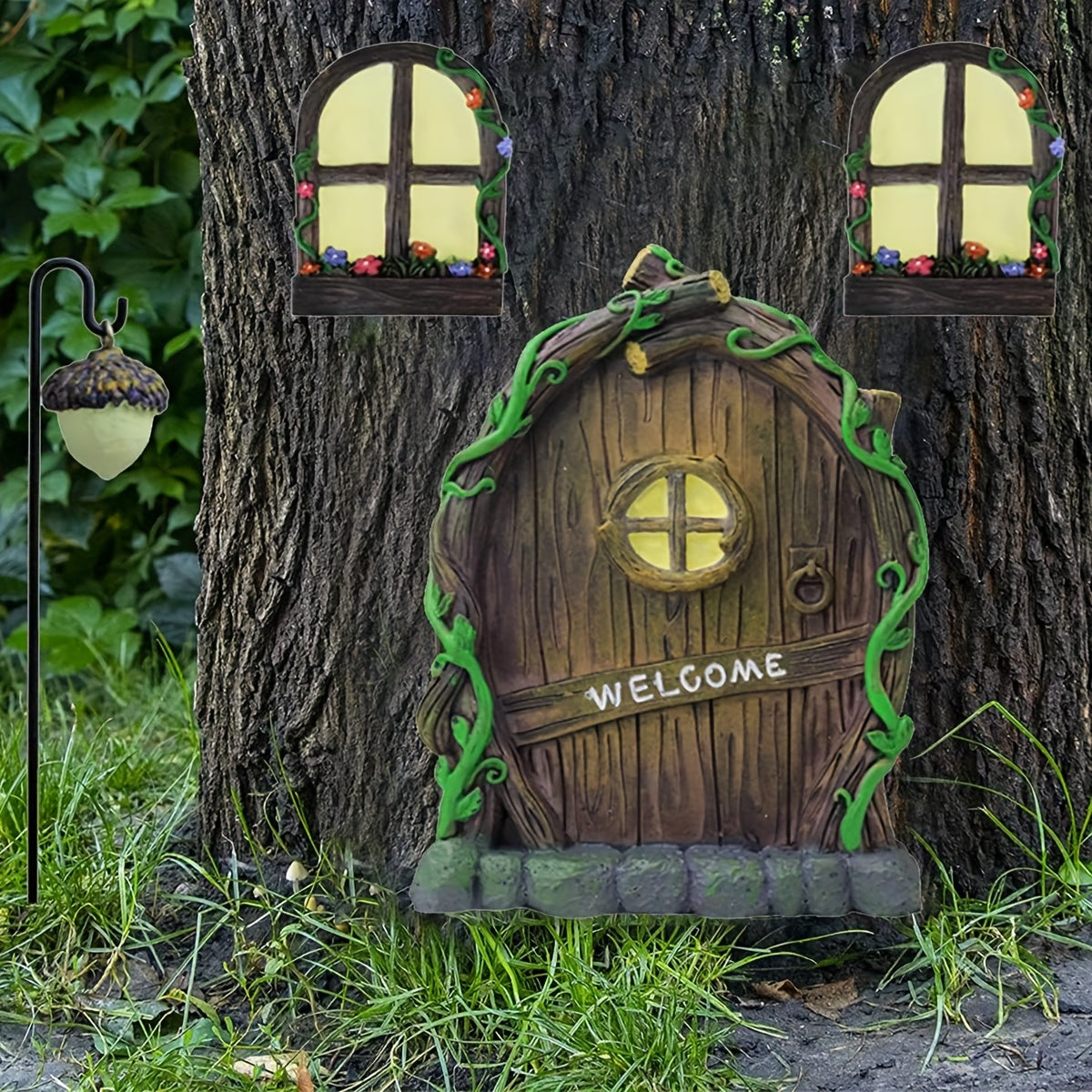 4pcs Fairy Welcome Door and Window Lamps Set Resin Fairy and Gnome House