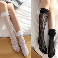 Floral Lace Mesh Calf Socks Sweet & Hollow Out Knee High Socks