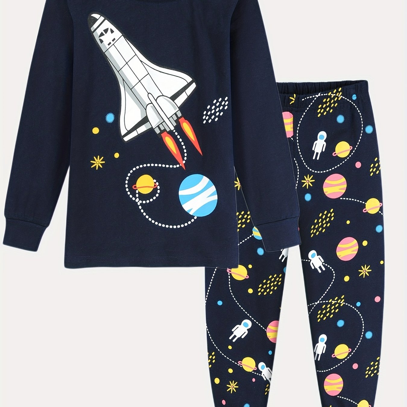 Boys Rocket Space Print Pajama Set Long Sleeve Top & Pants