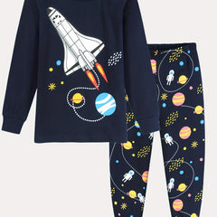 Boys Rocket Space Print Pajama Set Long Sleeve Top & Pants