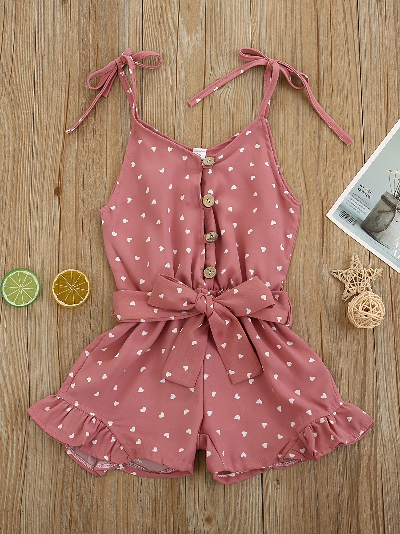 Baby Girls Heart Print Romper Jumpsuit with Belt