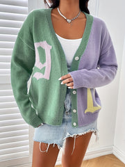 Letter Pattern Knit Cardigan Button Front Sweater