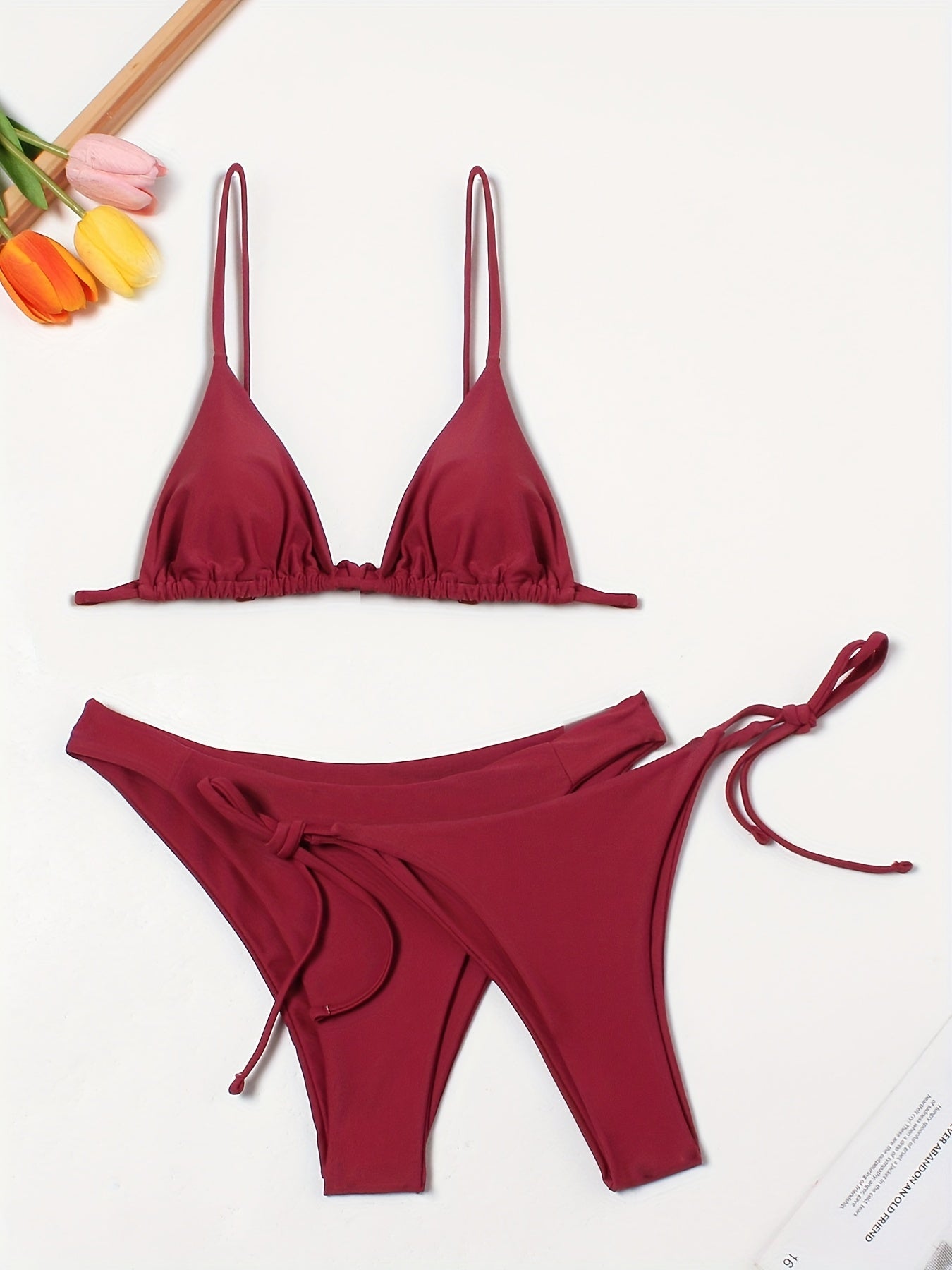 V Neck Spaghetti Straps Bikini Set Ruched High Cut Swimsuit 3 Piece Set
