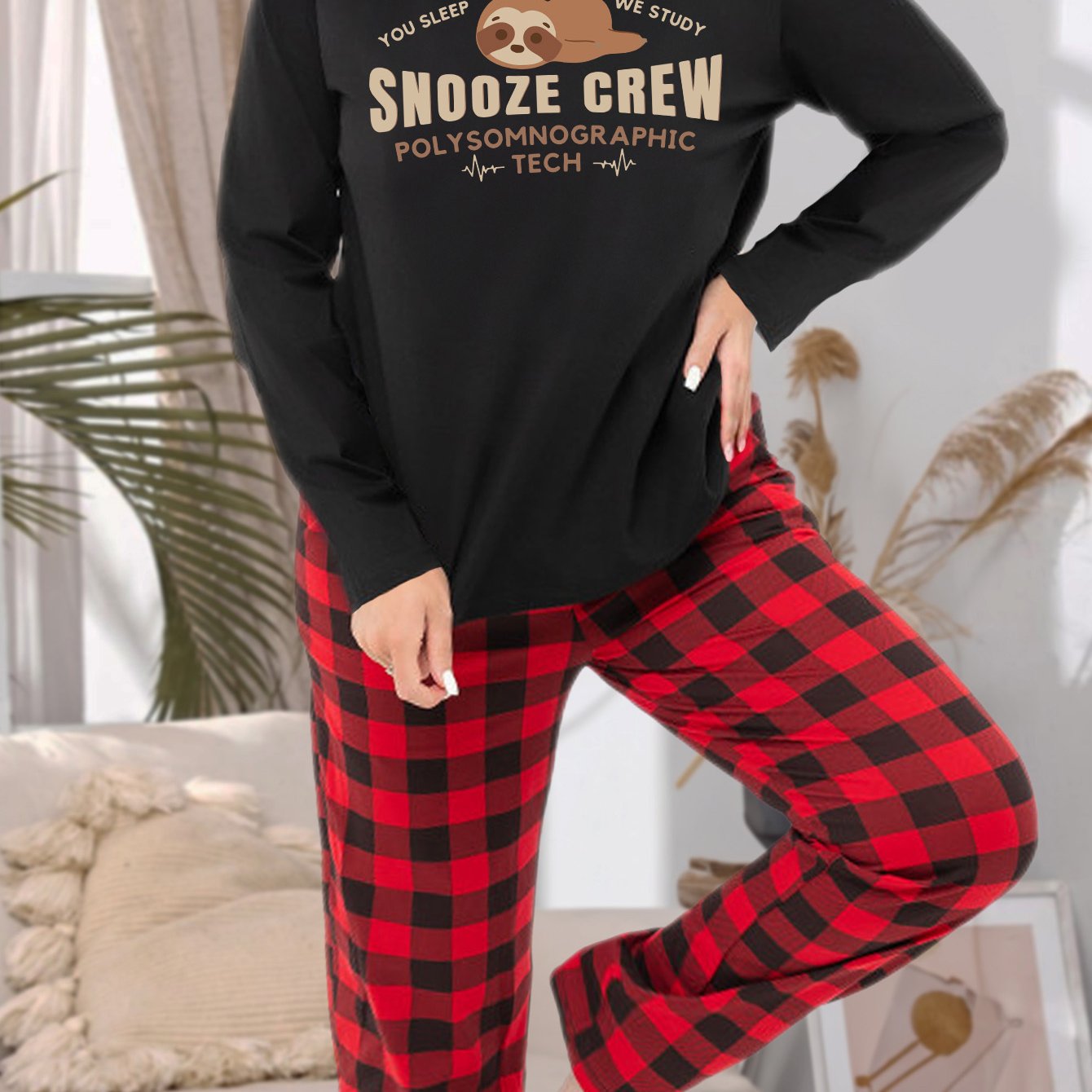 Women's Plus Sloth & Slogan Graphic Long Sleeve Tee & Plaid Pants Lounge Set