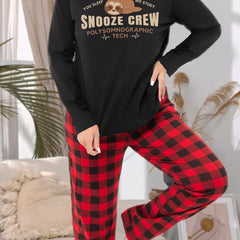 Women's Plus Sloth & Slogan Graphic Long Sleeve Tee & Plaid Pants Lounge Set