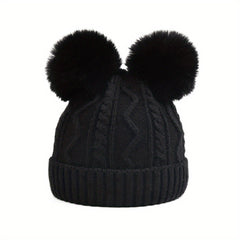 Kids Detachable Double Fur Ball Beanie Knitted Hat