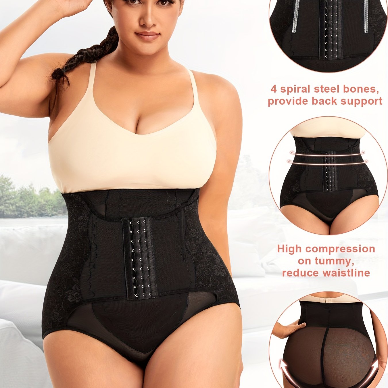 Plus Floral Jacquard Buckle Semi Sheer Tummy Control Shapewear