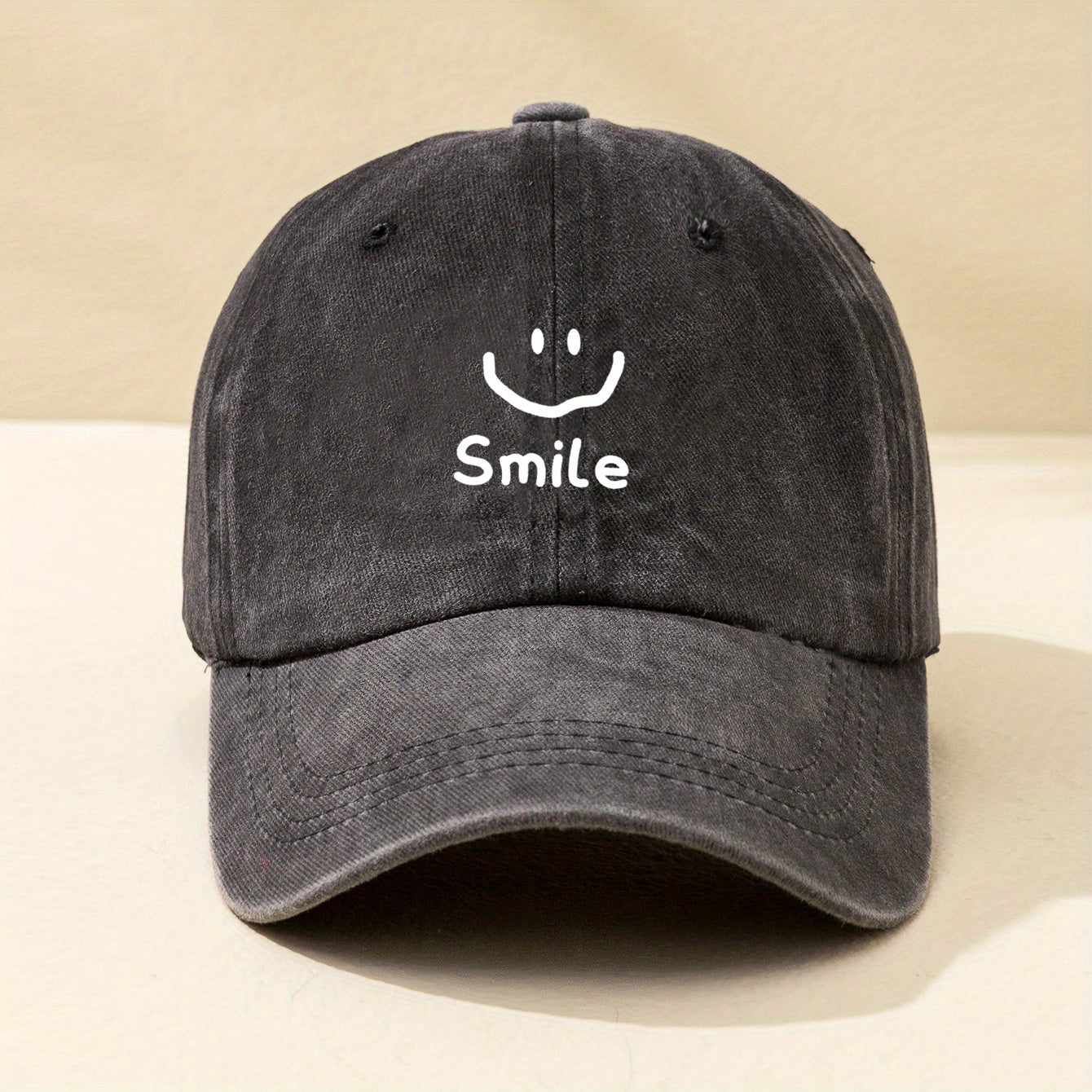 Smiling Face Print Baseball Cap Distressed Cotton Dad Hat