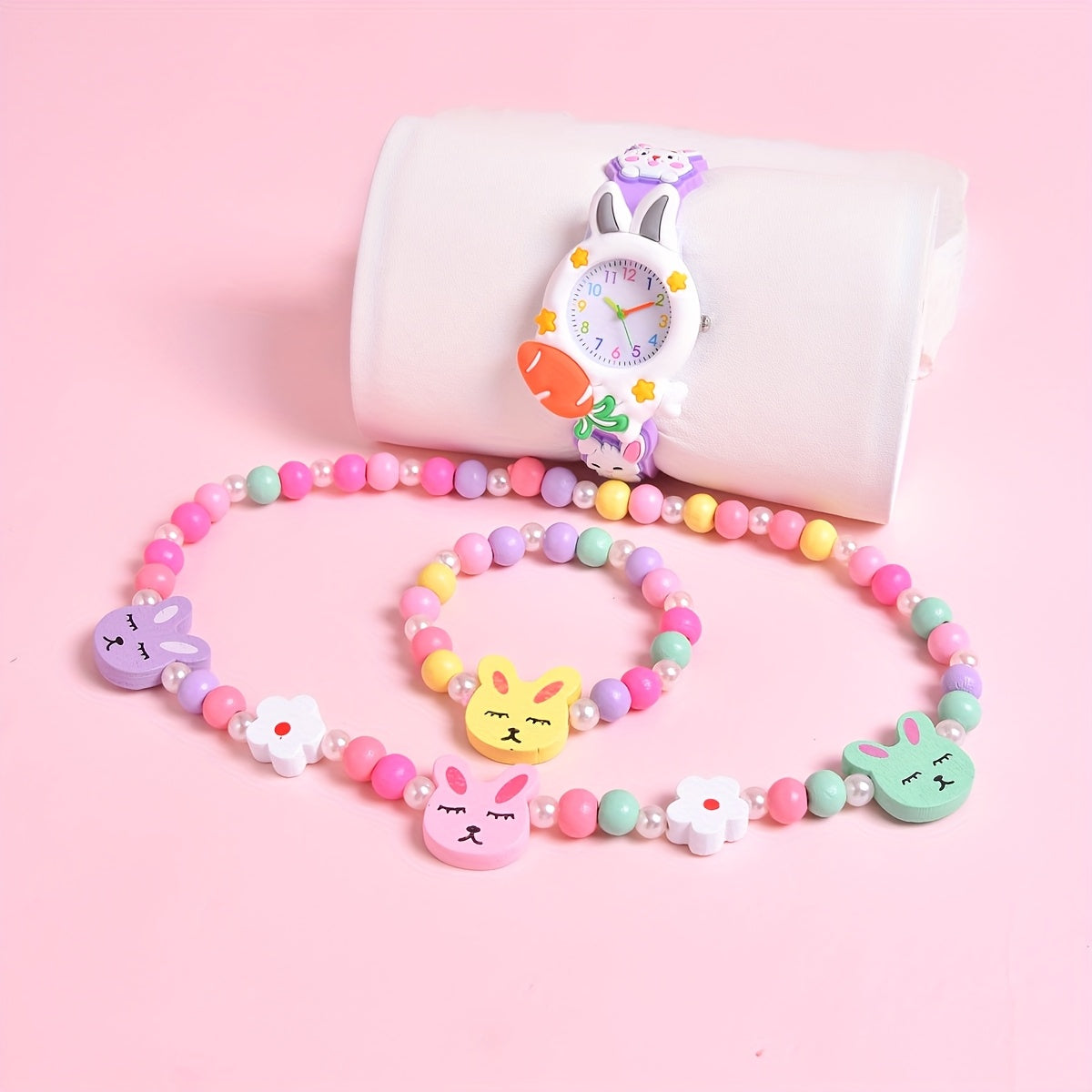 3D Rabbit Silicone Strap Girls' Cartoon Watch Set