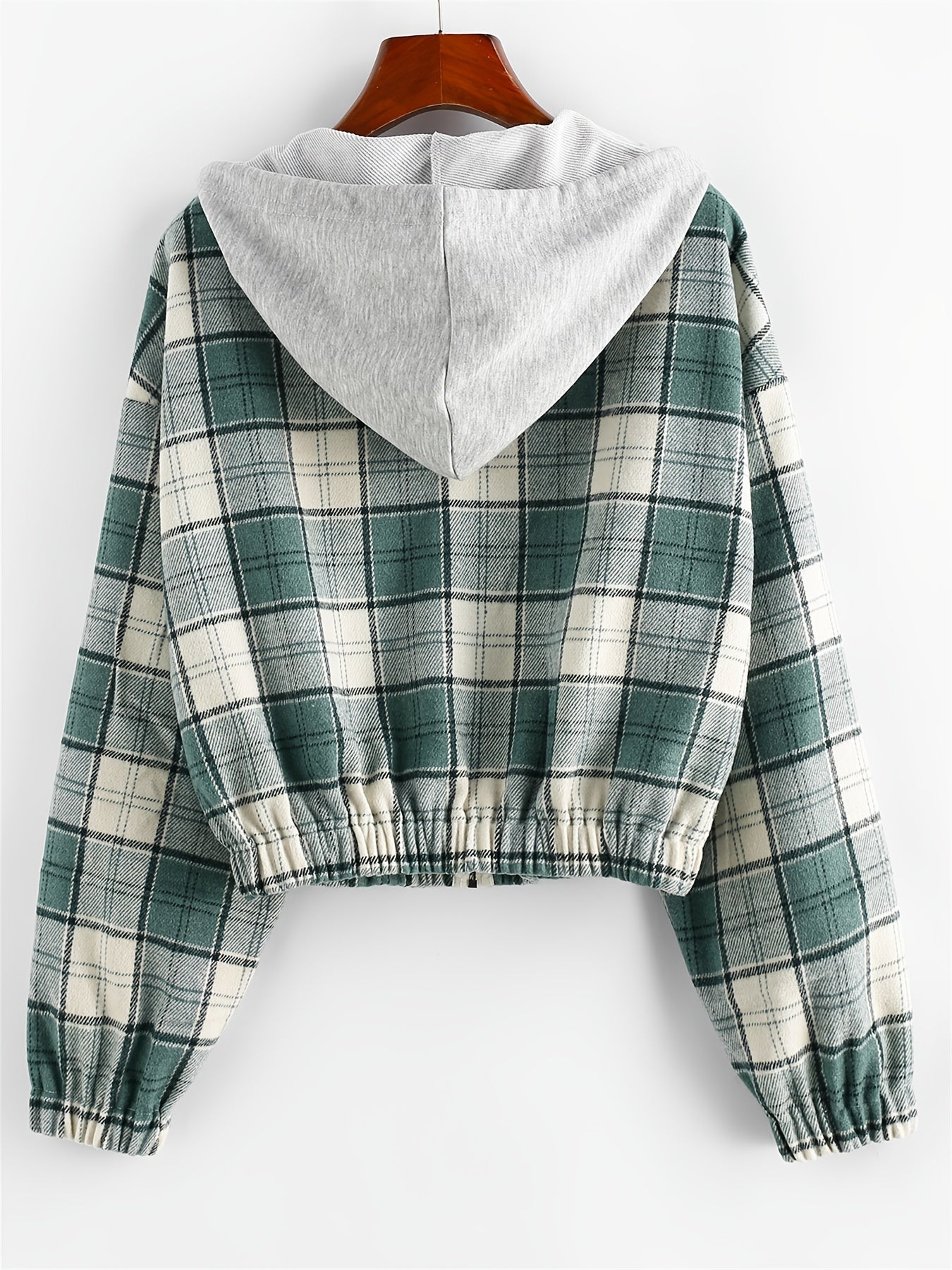 Plaid Crop Jacket Hooded Zipper
