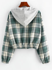 Plaid Crop Jacket Hooded Zipper