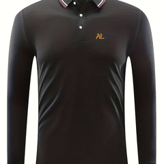 Men's AL Print Long Sleeve Polo Shirt Casual Slightly Stretch