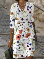 Floral Print Half Sleeve V Neck Stretch Dress