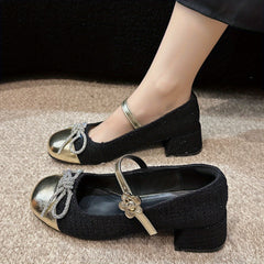 Women's Rhinestone Bow Mary Janes Chunky Heel Buckle Outdoor Dress Shoes