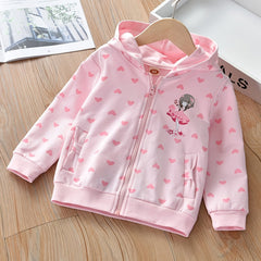 Girls Heart Print Hooded Jacket Long Sleeve Cartoon Zip Up Outwear