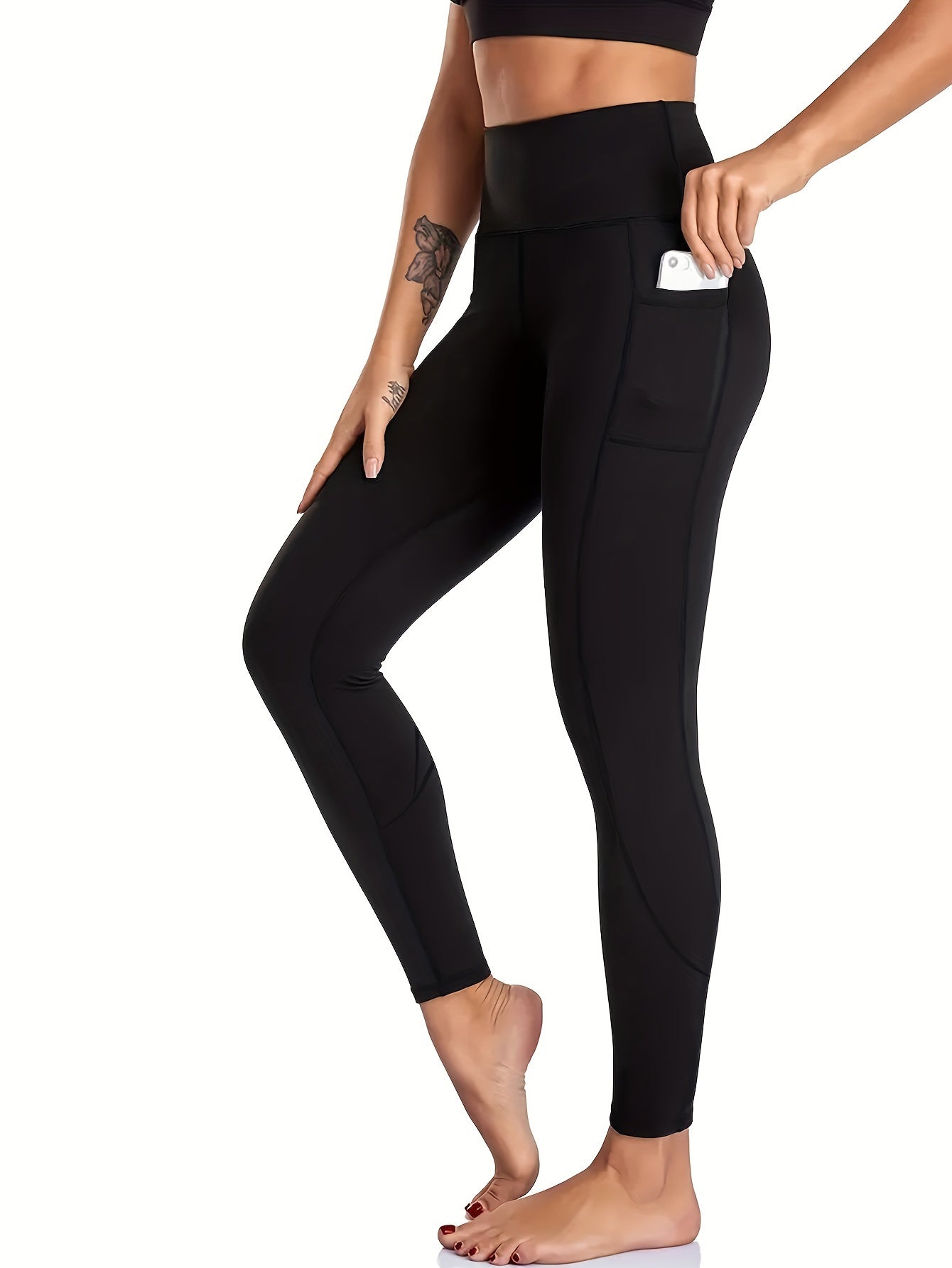 Solid Sports Leggings With Pocket High Stretch Yoga Workout Tight Pants