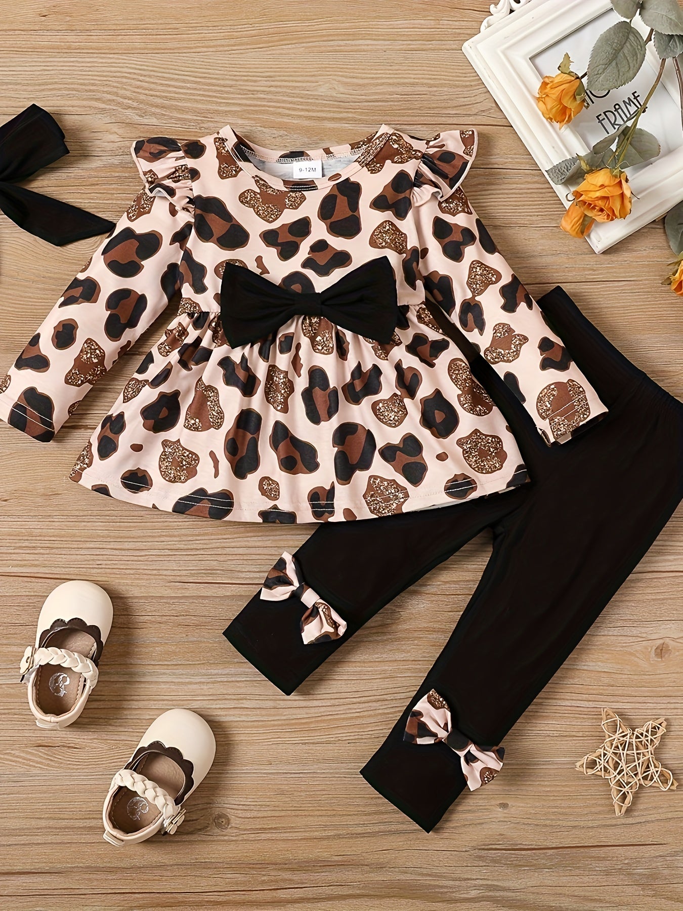 3pcs Baby Girls Leopard Print Sleeve Top Pants Set With Headband