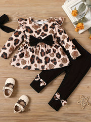 3pcs Baby Girls Leopard Print Sleeve Top Pants Set With Headband