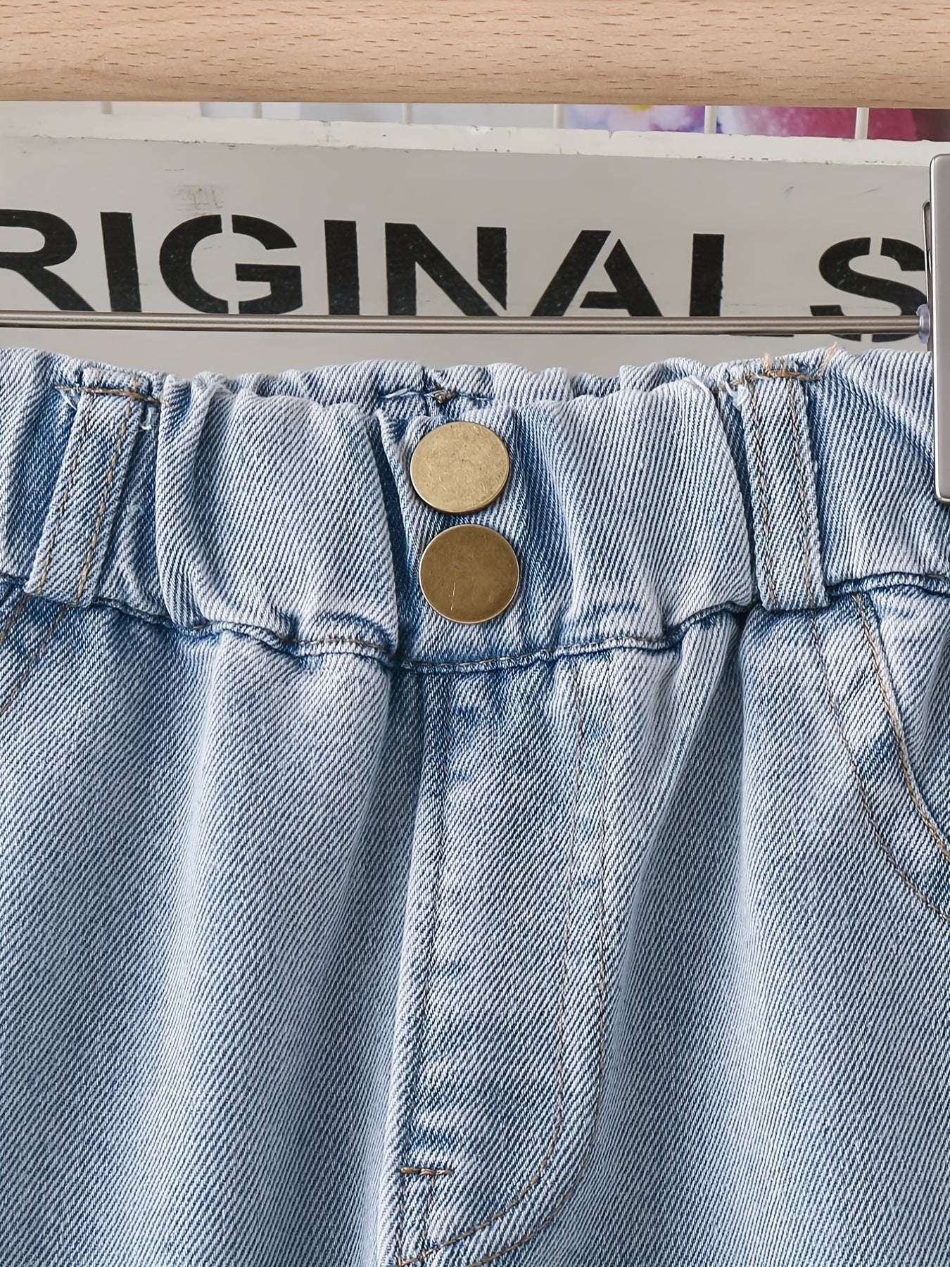 Girls Light Washed Casual Jeans Straight Leg Elastic Waist Denim Pants