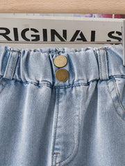 Girls Light Washed Casual Jeans Straight Leg Elastic Waist Denim Pants