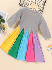 Girls Long Sleeve Round Neck Block Rainbow Princess Dress Kids Clothes