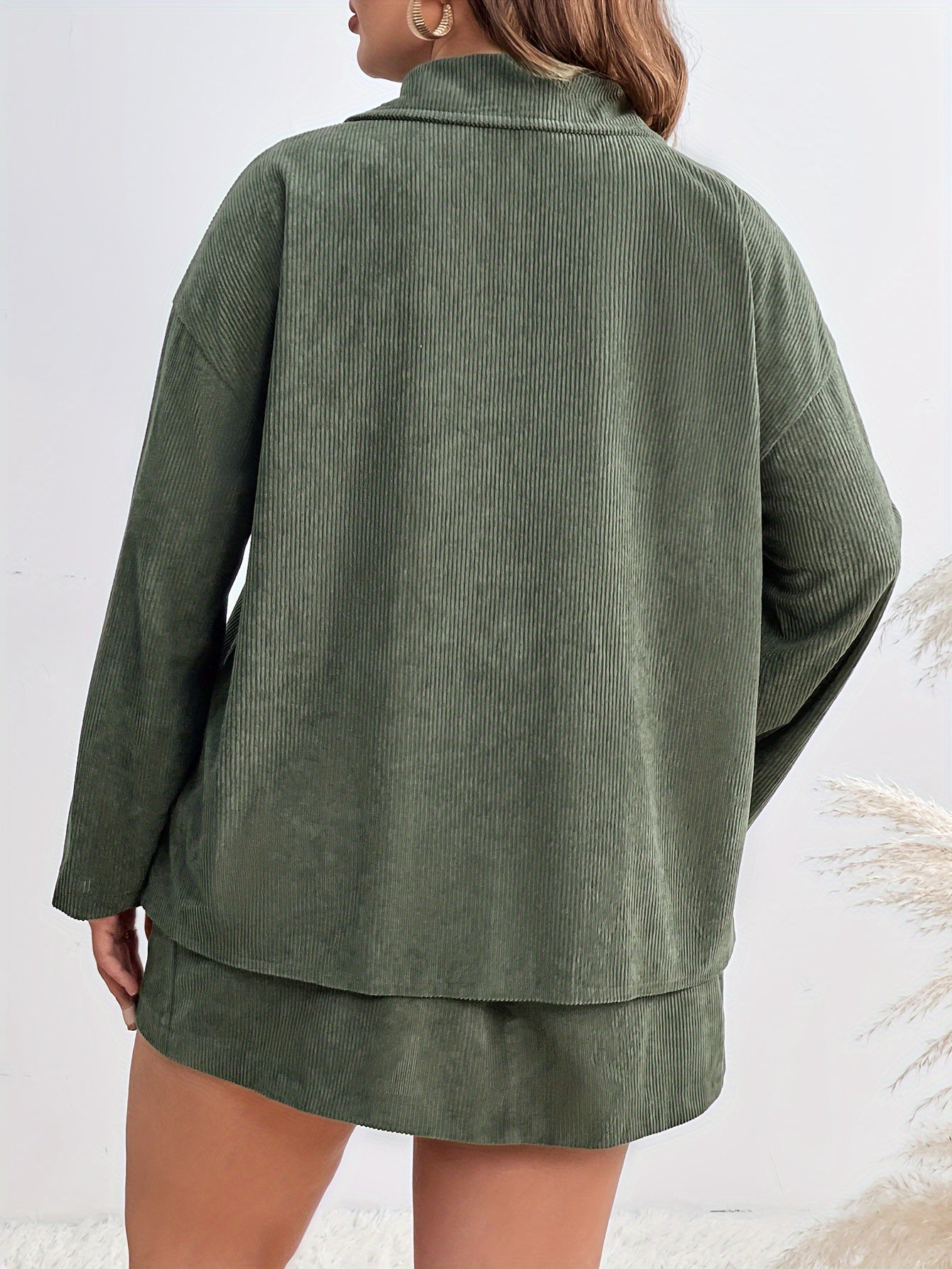 Solid Corduroy Top & Mini Skirt Two Piece Set