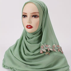 Leaf Embroidery Hijab Lace Chiffon Scarf Solid Thin Breathable Shawl