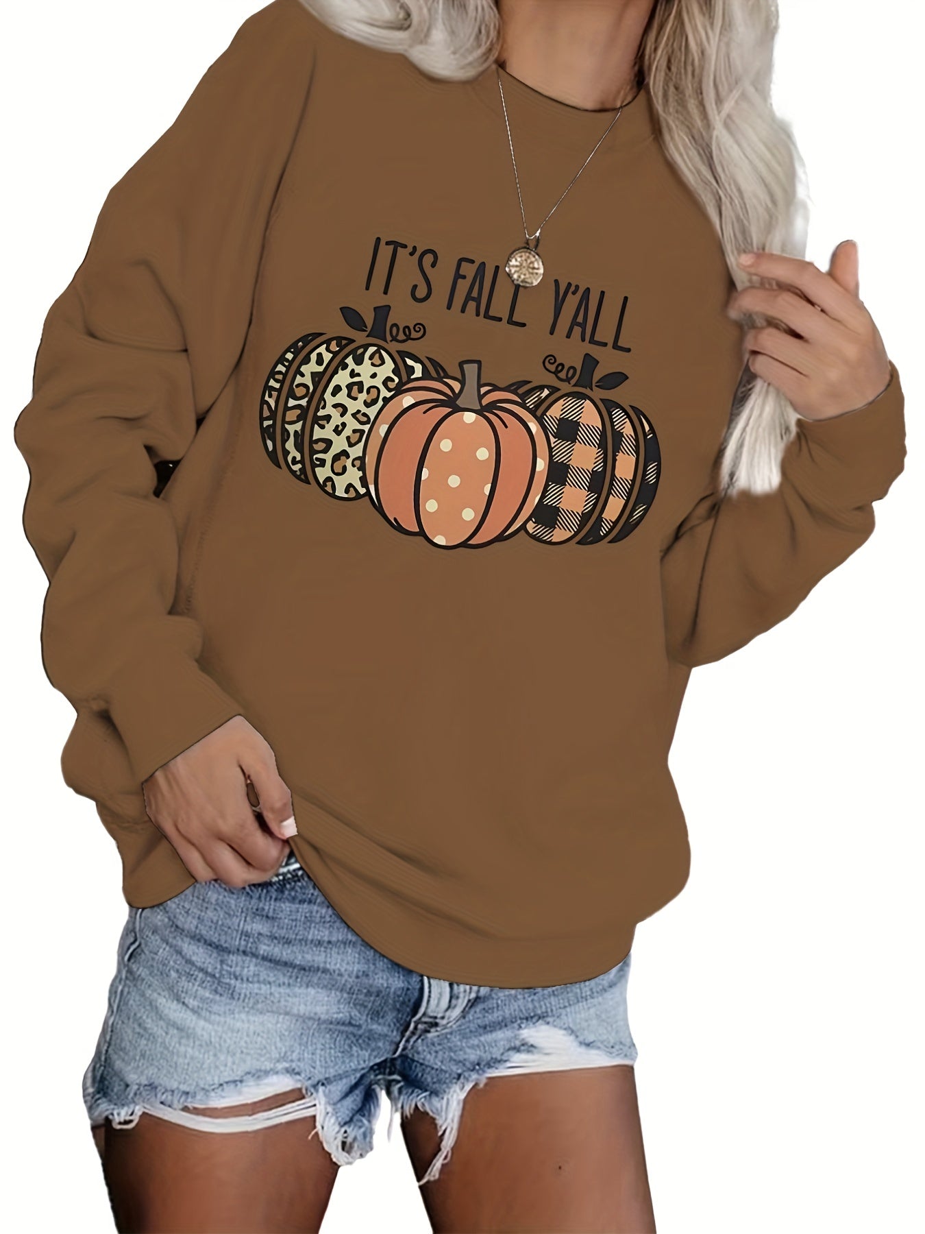 Pumpkin Print Long Sleeve Sweatshirt Crew Neck Fall Women's Clothing