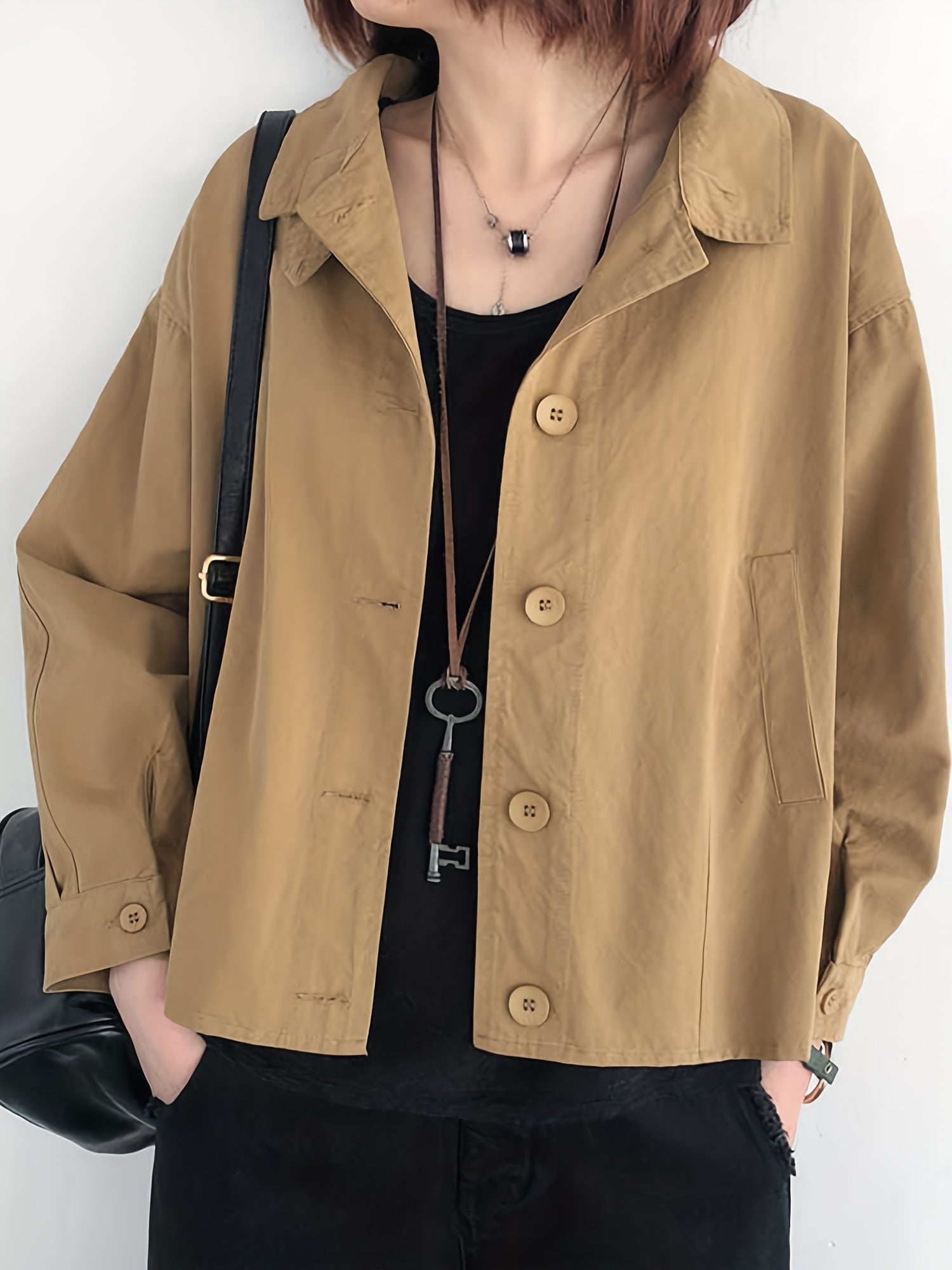 Solid Button Front Jacket Casual Long Sleeve Outerwear Women's Clothing