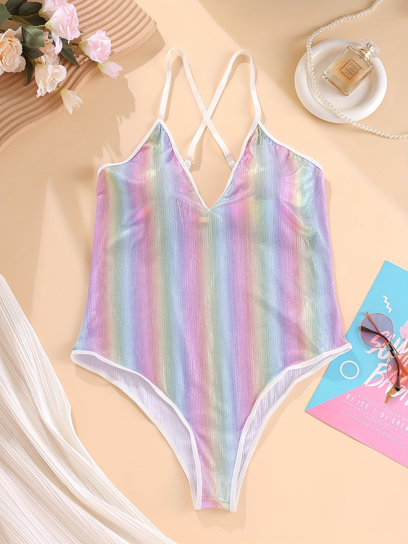 Rainbow Striped Crisscross Back Teddy Bodysuit