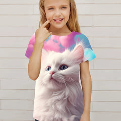 Dreamy Cat Graphic Short Sleeve T-shirt for Girls