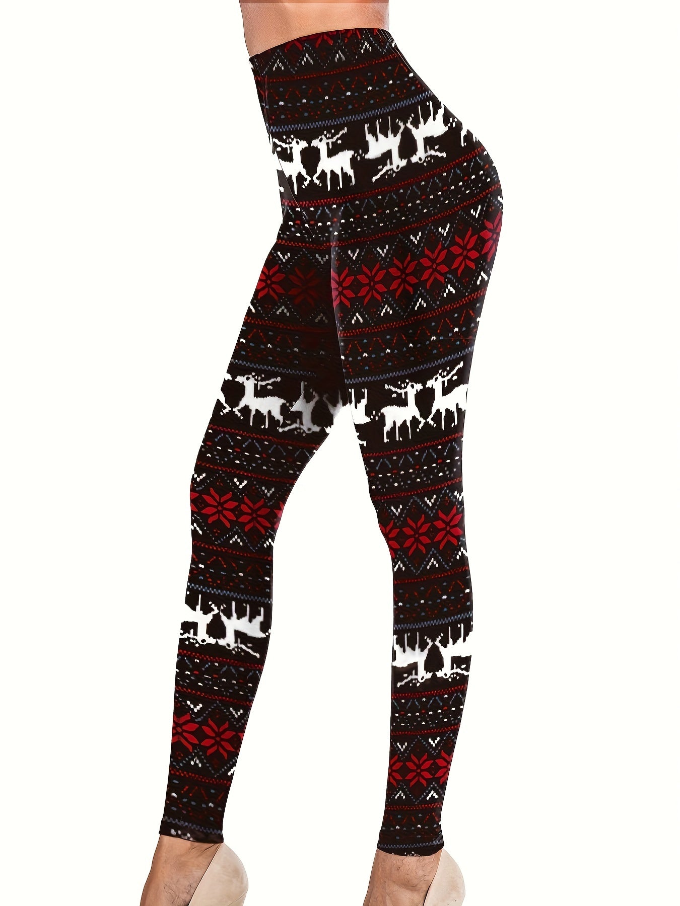 Christmas Leggings Women's Plus Reindeer & Snowflake Print