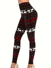 Christmas Leggings Women's Plus Reindeer & Snowflake Print