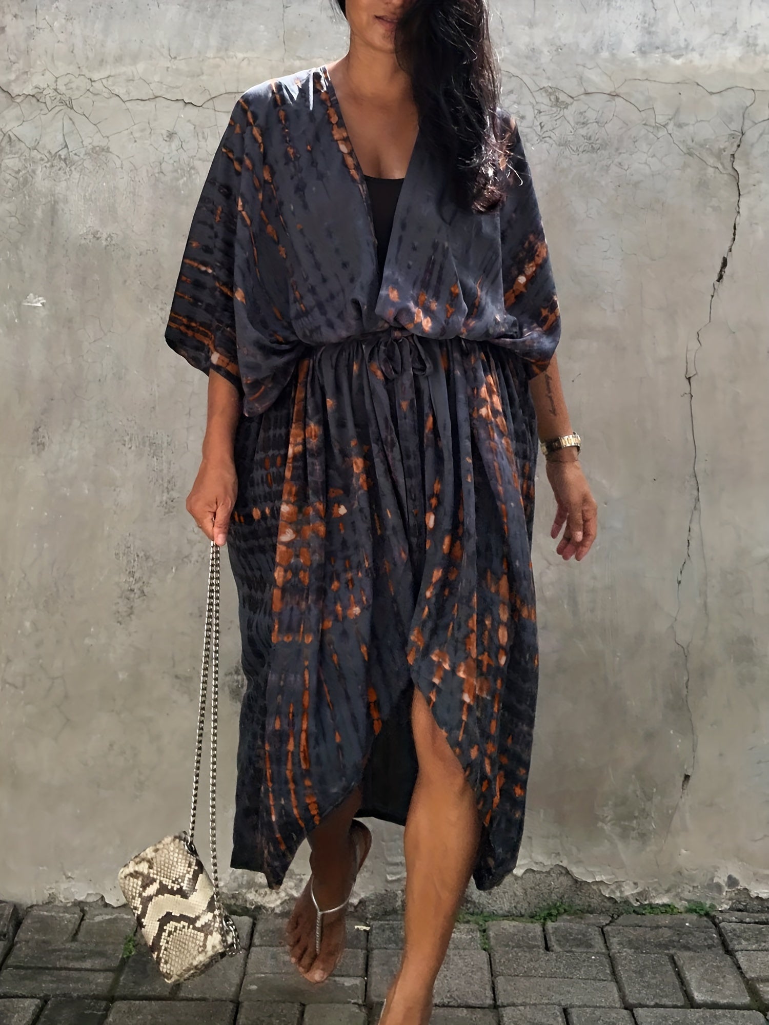 Boho Tie Dye Striped Kimono Cover Up With Belt