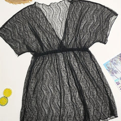 V Neck Cover Up Dress Semi Sheer Short Sleeves Beachwear Dress