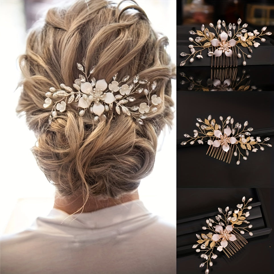 Bohemian Wedding Bridal Wreath Comb Faux Pearl Golden Hair Vine Accessory