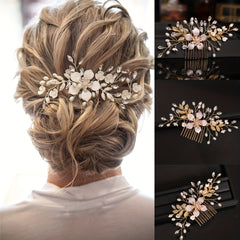 Bohemian Wedding Bridal Wreath Comb Faux Pearl Golden Hair Vine Accessory