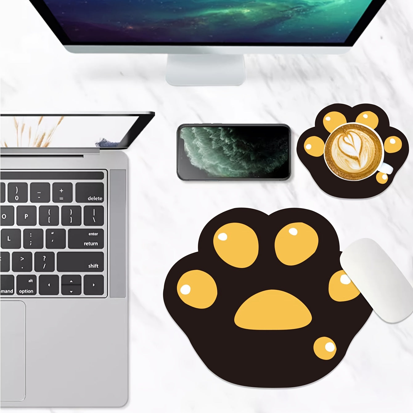 Yellow Faux Leather Mouse Pad Coaster Set for Desktop Computer