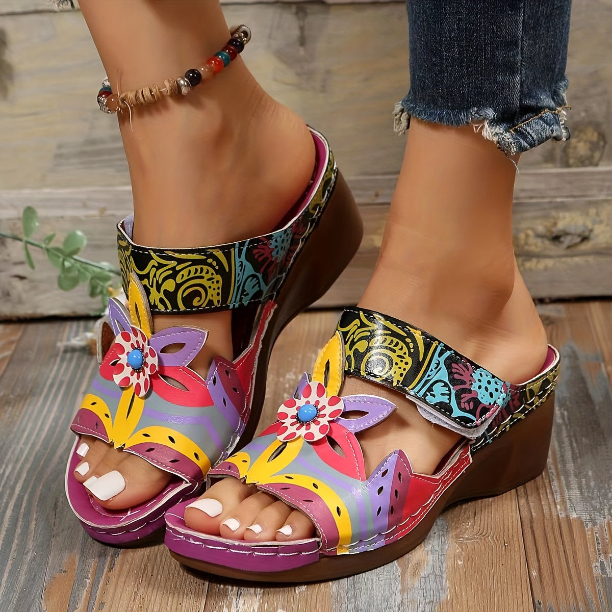 Women's Flower Decor Wedge Sandals Comfortable Open Toe Strap Shoes